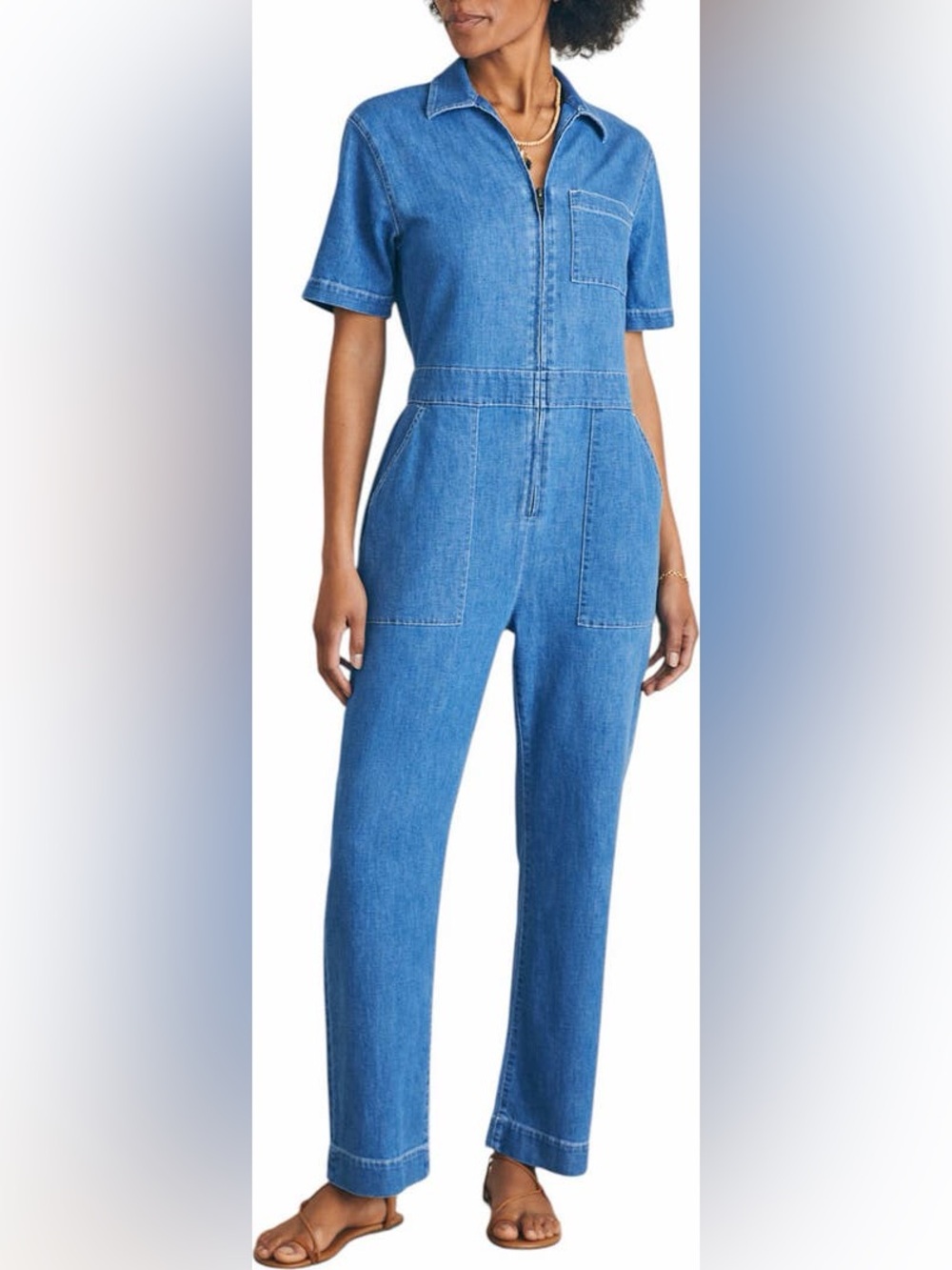 NWT Faherty Organic Cotton Linen Blend Denim Jumpsuit Bay Breeze sz 4‎